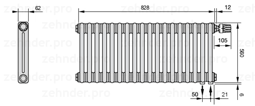 Схема (чертеж) Радиатор Zehnder Charleston 2056/18 №V002 Белый глянцевый RAL 9016